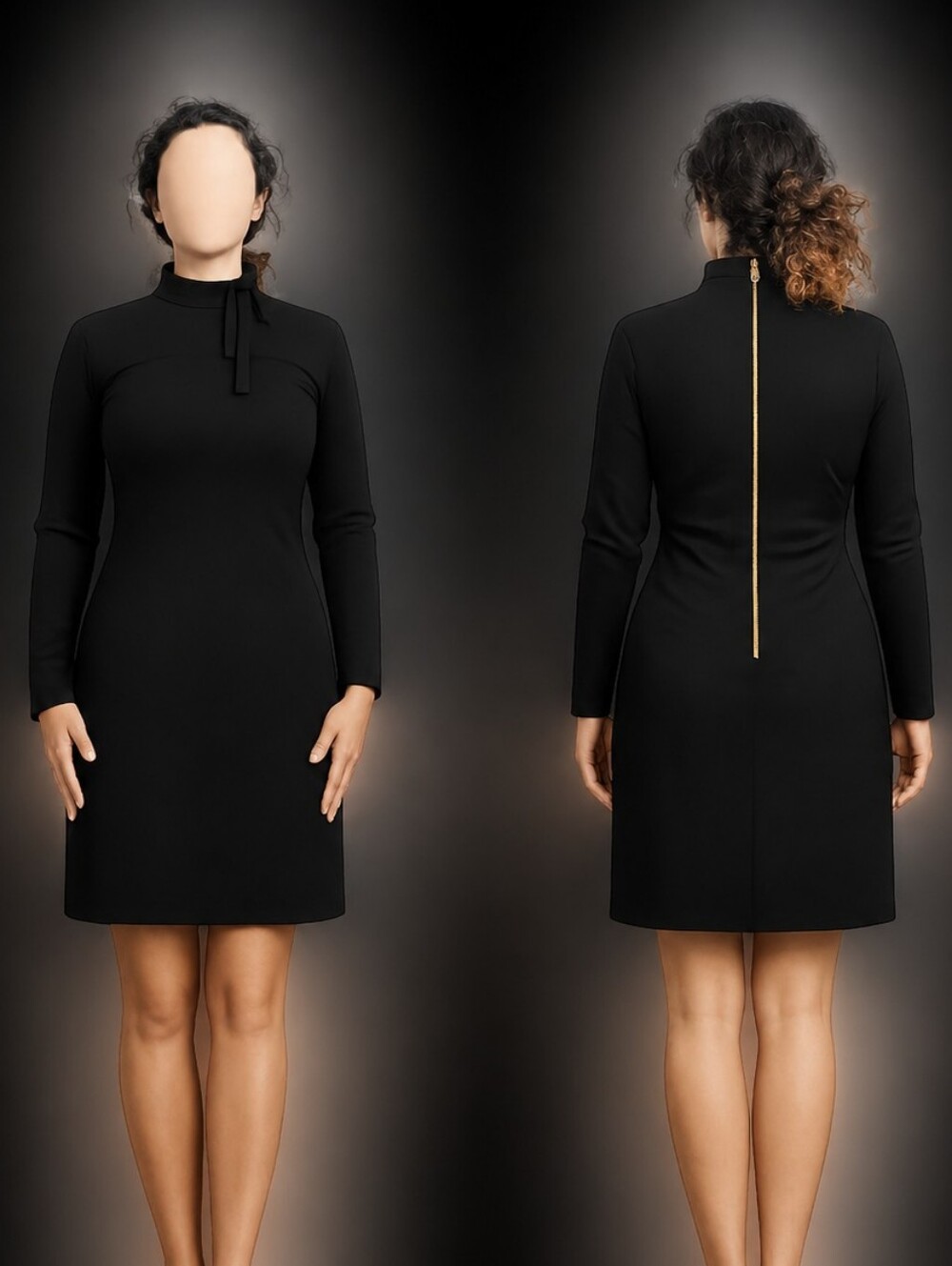 Women's Black Long Sleeve Bow-Neck Dress